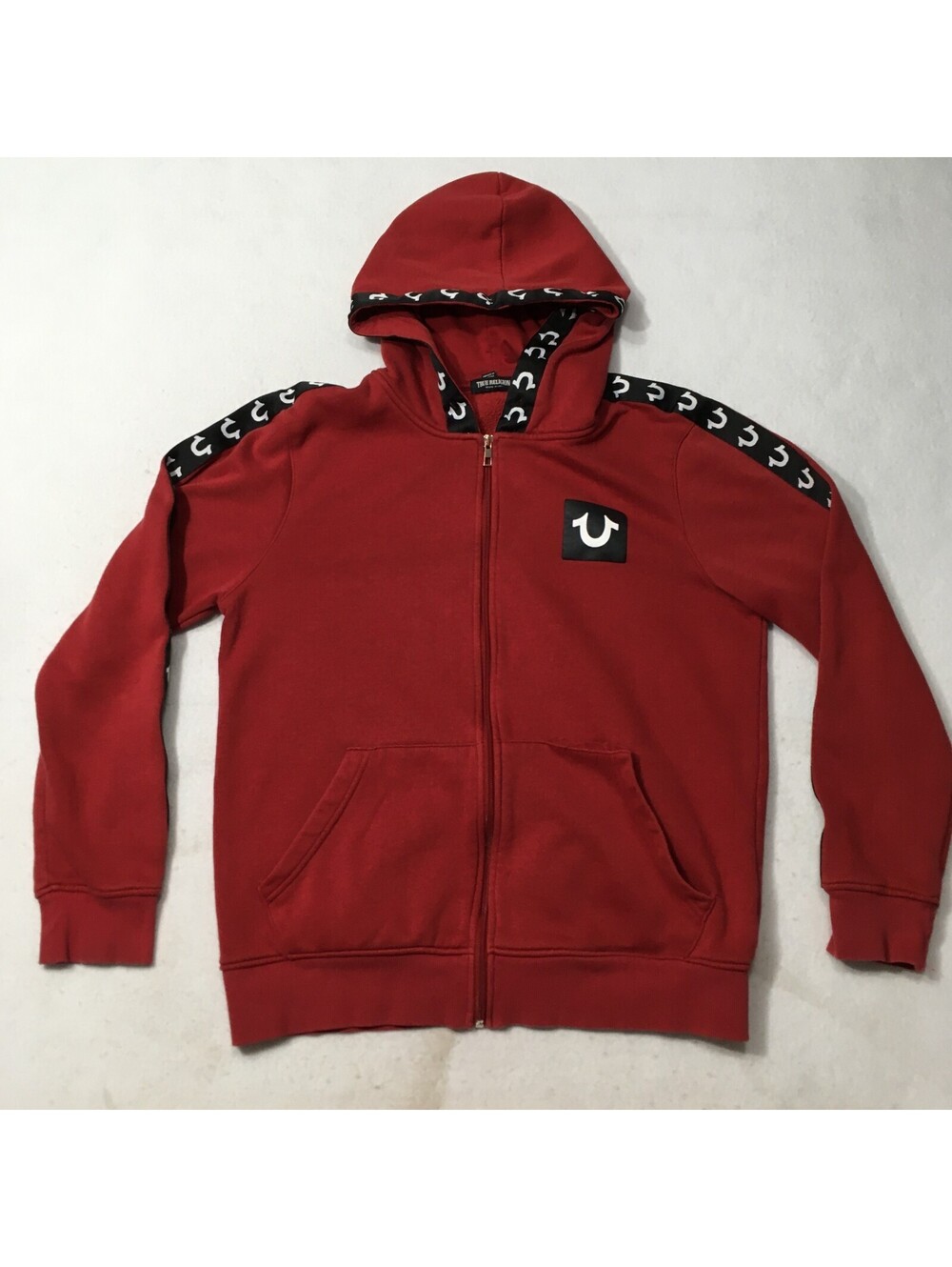 True Religion HOODED RED LARGE Horseshoe Full Zip SEE DISTRESS ALL OVER